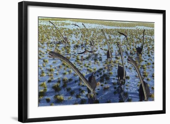 A Herd of Omeisaurus Dinosaurs on the Move-null-Framed Art Print