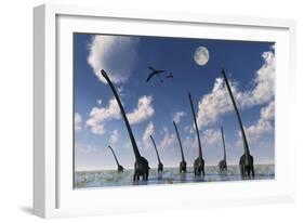 A Herd of Omeisaurus Dinosaurs on the Move-null-Framed Art Print