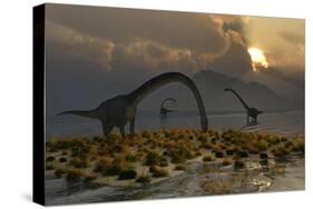 A Herd of Omeisaurus Sauropod Dinosaurs Grazing-null-Stretched Canvas