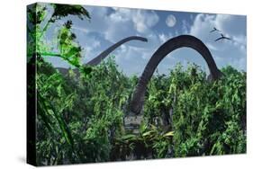 A Herd of Omeisaurus Sauropod Dinosaurs Grazing-null-Stretched Canvas