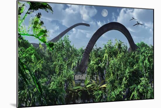 A Herd of Omeisaurus Sauropod Dinosaurs Grazing-null-Mounted Art Print