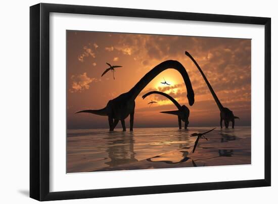 A Herd of Omeisaurus Sauropod Dinosaurs in Shallow Water-null-Framed Art Print