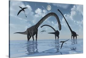 A Herd of Omeisaurus Sauropod Dinosaurs in Shallow Water-null-Stretched Canvas