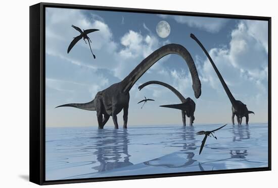A Herd of Omeisaurus Sauropod Dinosaurs in Shallow Water-null-Framed Stretched Canvas