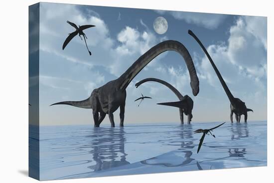 A Herd of Omeisaurus Sauropod Dinosaurs in Shallow Water-null-Stretched Canvas