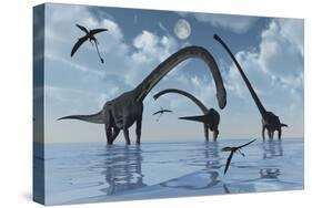 A Herd of Omeisaurus Sauropod Dinosaurs in Shallow Water-null-Stretched Canvas