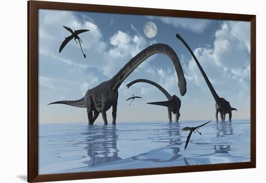 A Herd of Omeisaurus Sauropod Dinosaurs in Shallow Water-null-Framed Art Print