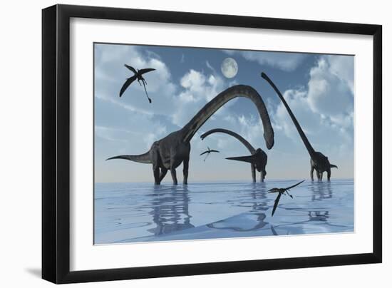 A Herd of Omeisaurus Sauropod Dinosaurs in Shallow Water-null-Framed Art Print