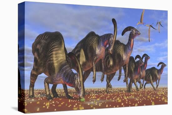 A Herd of Parasaurolophus Dinosaurs Searching for Vegetation-null-Stretched Canvas