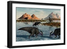 A Herd of Parasaurolophus Duckbill Dinosaurs Grazing-null-Framed Art Print