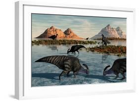 A Herd of Parasaurolophus Duckbill Dinosaurs Grazing-null-Framed Art Print