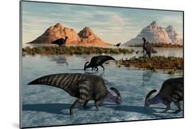 A Herd of Parasaurolophus Duckbill Dinosaurs Grazing-null-Mounted Premium Giclee Print