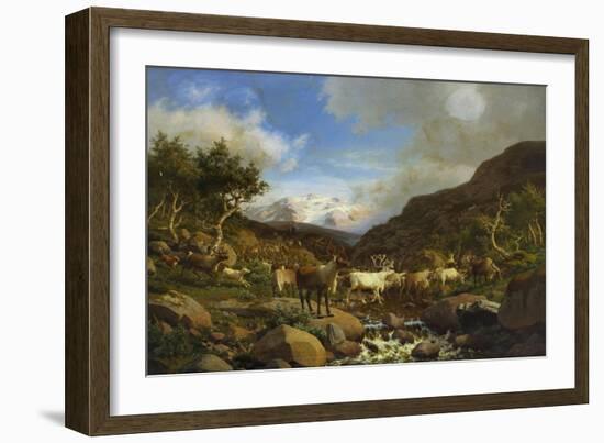 A Herd of Reindeer Fording a Stream in a Mountainous Landscape-Carl-henrik Bogh-Framed Giclee Print