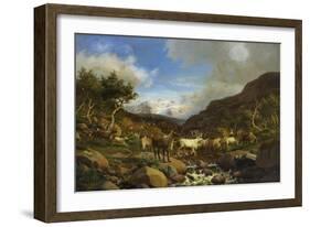 A Herd of Reindeer Fording a Stream in a Mountainous Landscape-Carl-henrik Bogh-Framed Giclee Print