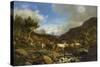 A Herd of Reindeer Fording a Stream in a Mountainous Landscape-Carl-henrik Bogh-Stretched Canvas