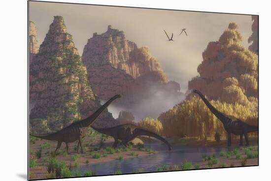 A Herd of Sauroposeidon Dinosaurs Drinking from a River-Stocktrek Images-Mounted Art Print