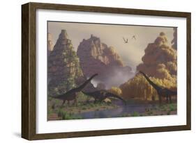 A Herd of Sauroposeidon Dinosaurs Drinking from a River-Stocktrek Images-Framed Art Print