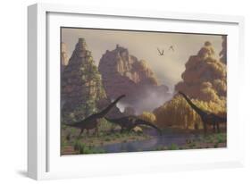 A Herd of Sauroposeidon Dinosaurs Drinking from a River-Stocktrek Images-Framed Art Print
