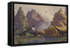 A Herd of Sauroposeidon Dinosaurs Drinking from a River-Stocktrek Images-Framed Stretched Canvas