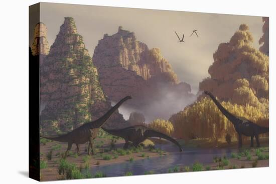 A Herd of Sauroposeidon Dinosaurs Drinking from a River-Stocktrek Images-Stretched Canvas