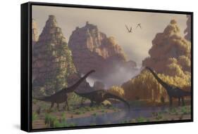 A Herd of Sauroposeidon Dinosaurs Drinking from a River-Stocktrek Images-Framed Stretched Canvas