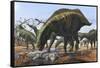 A Herd of Shantungosaurus Dinosaurs Scavenging for Food-null-Framed Stretched Canvas