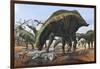 A Herd of Shantungosaurus Dinosaurs Scavenging for Food-null-Framed Art Print