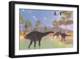 A Herd of Spinophorosaurus Dinosaurs Drinking at a River-Stocktrek Images-Framed Art Print