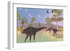 A Herd of Spinophorosaurus Dinosaurs Drinking at a River-Stocktrek Images-Framed Art Print
