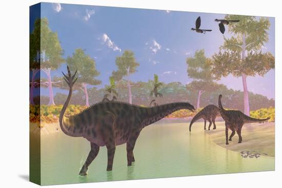 A Herd of Spinophorosaurus Dinosaurs Drinking at a River-Stocktrek Images-Stretched Canvas