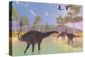 A Herd of Spinophorosaurus Dinosaurs Drinking at a River-Stocktrek Images-Stretched Canvas