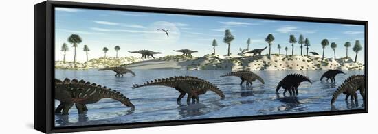 A Herd of Stegosaurid Miragaia Dinosaurs Grazing in a Lake-null-Framed Stretched Canvas