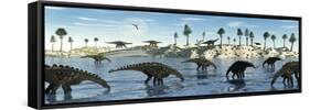 A Herd of Stegosaurid Miragaia Dinosaurs Grazing in a Lake-null-Framed Stretched Canvas