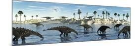 A Herd of Stegosaurid Miragaia Dinosaurs Grazing in a Lake-null-Mounted Art Print