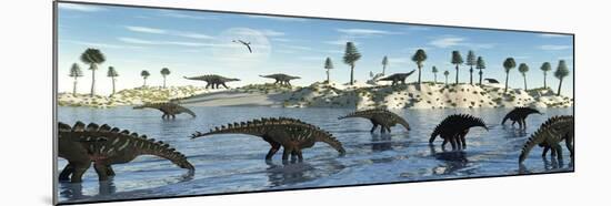 A Herd of Stegosaurid Miragaia Dinosaurs Grazing in a Lake-null-Mounted Art Print