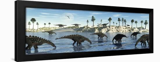 A Herd of Stegosaurid Miragaia Dinosaurs Grazing in a Lake-null-Framed Art Print