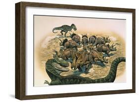 A Herd of Triceratops Defend their Territory Against a Pair of Tyrannosaurus Rex-null-Framed Premium Giclee Print