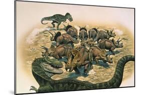 A Herd of Triceratops Defend their Territory Against a Pair of Tyrannosaurus Rex-null-Mounted Art Print