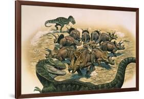 A Herd of Triceratops Defend their Territory Against a Pair of Tyrannosaurus Rex-null-Framed Art Print