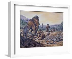 A Herd of Woolly Mammoth and Scimitar Sabertooth, Pleistocene Epoch-null-Framed Art Print