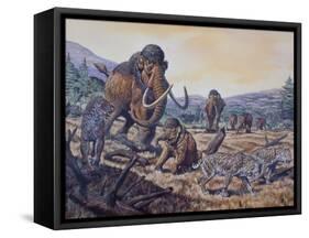 A Herd of Woolly Mammoth and Scimitar Sabertooth, Pleistocene Epoch-null-Framed Stretched Canvas