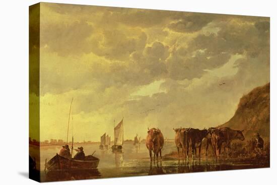 A Herdsman with Five Cows by a River, C.1650 (Panel)-Aelbert Cuyp-Stretched Canvas