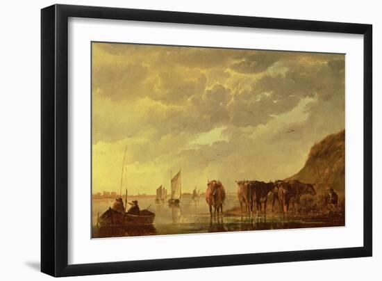 A Herdsman with Five Cows by a River, C.1650 (Panel)-Aelbert Cuyp-Framed Giclee Print