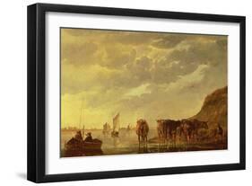 A Herdsman with Five Cows by a River, C.1650 (Panel)-Aelbert Cuyp-Framed Giclee Print