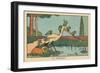 A Heron's Beak Acts as a Slide for Frogs Diving into the Pond.” the Tobogan” ,1936 (Illustration)-Benjamin Rabier-Framed Giclee Print