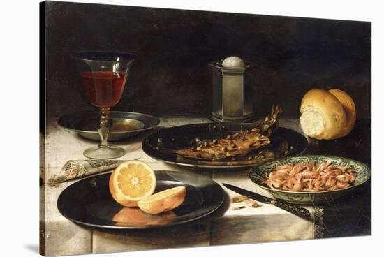 A Herring with Capers and a Sliced Orange on Plates and a Bowl of Shrimp on a Table-Clara Peeters-Stretched Canvas