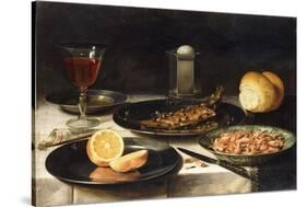 A Herring with Capers and a Sliced Orange on Plates and a Bowl of Shrimp on a Table-Clara Peeters-Stretched Canvas