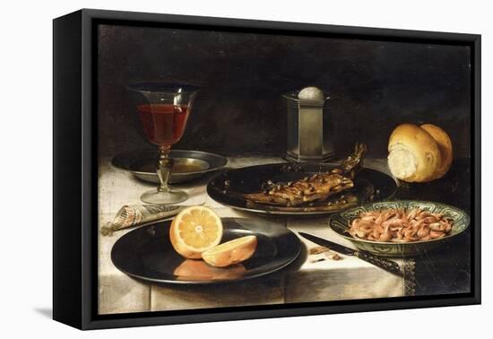 A Herring with Capers and a Sliced Orange on Plates and a Bowl of Shrimp on a Table-Clara Peeters-Framed Stretched Canvas