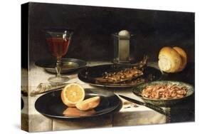 A Herring with Capers and a Sliced Orange on Plates and a Bowl of Shrimp on a Table-Clara Peeters-Stretched Canvas