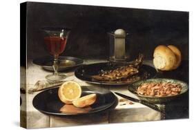 A Herring with Capers and a Sliced Orange on Plates and a Bowl of Shrimp on a Table-Clara Peeters-Stretched Canvas